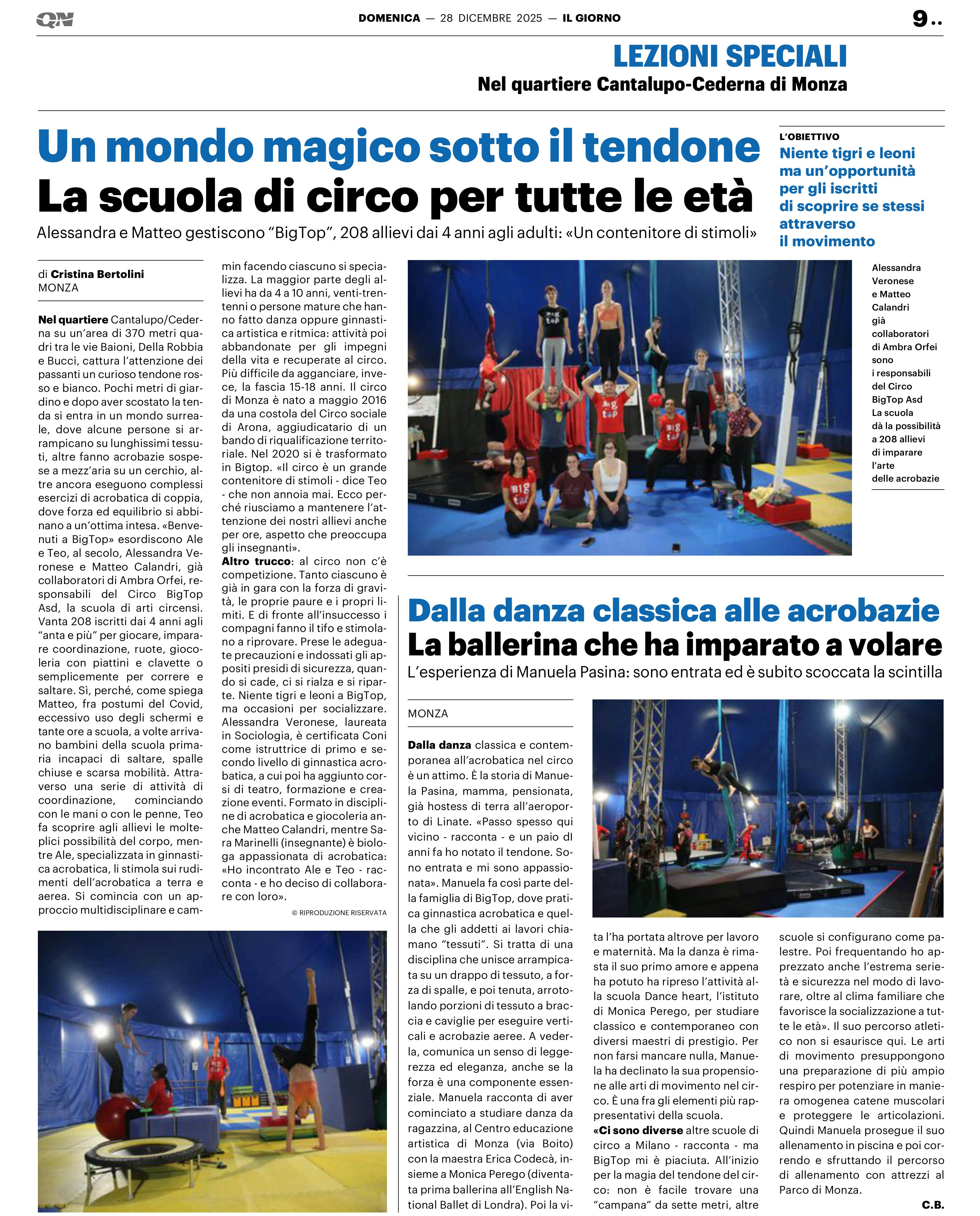 Ritaglio dell'articolo de Il Giorno del 28 dicembre 2025 su Big Top Monza